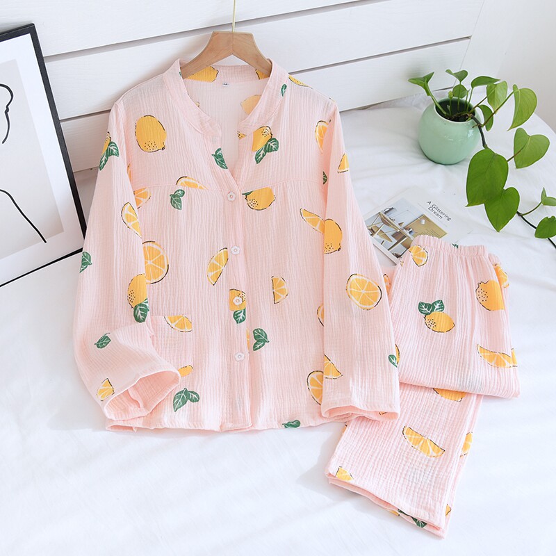 Spring and Autumn Pajamas Woman Sweet and fresh summer thin cotton double-layer gauze crepe long-sleeved trousers home suit