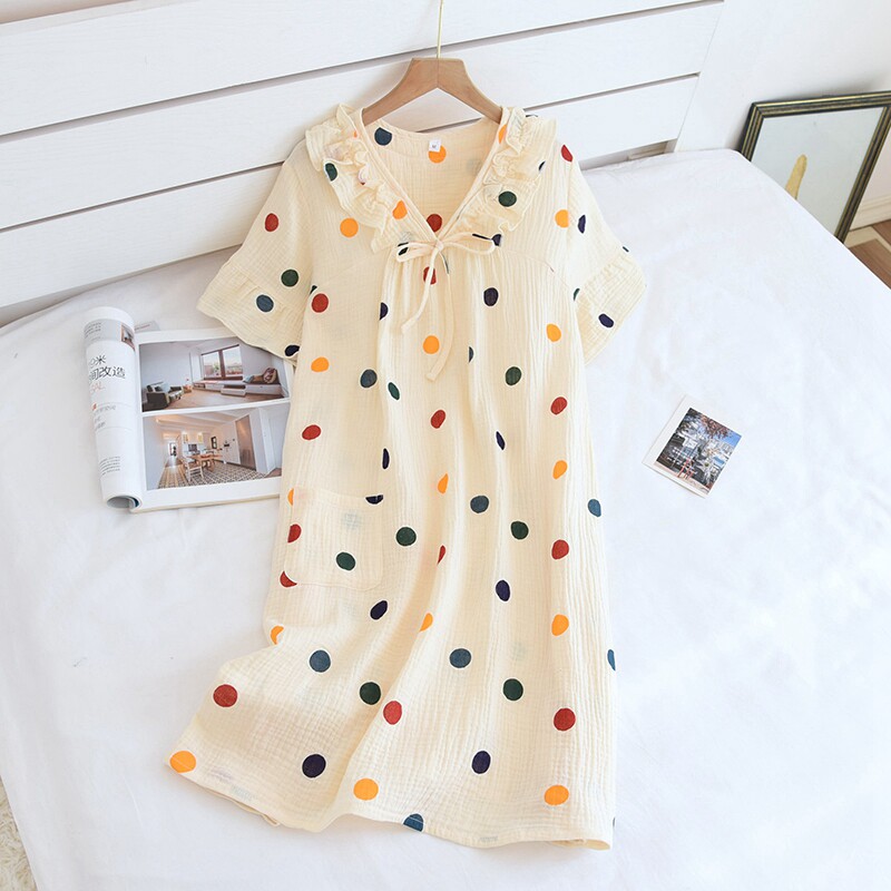 Nightdress women's summer thin cotton double gauze cotton crepe short sleeve cute princess style doll collar home skirt