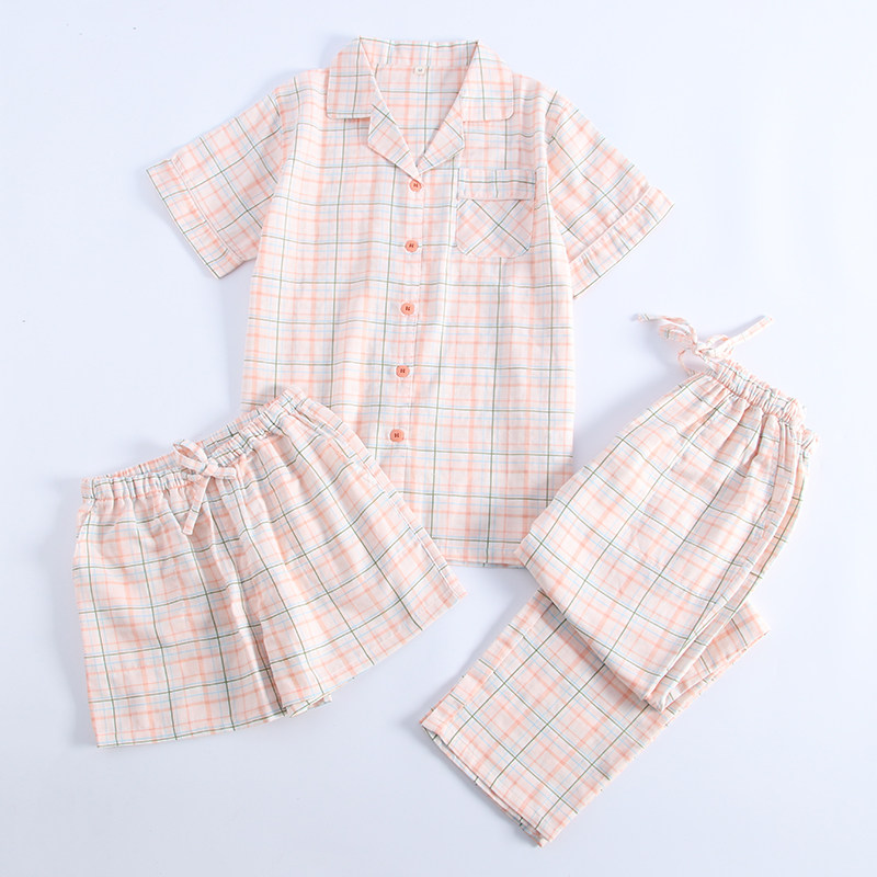 Three sets of sleepwear women Summer thin Pure Cotton Cloth Short Sleeves Shorts Long Pants Day Series Plaid Home Suit Suit