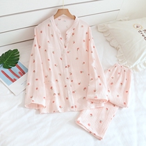 Pajamas Woman Spring Autumn Pure Cotton Double Layer Gauze Crepe Cloth Cute Sweet Summer Slim long sleeves Long sleeves Long pants Home Suit Suit