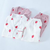 Cotton pajamas female spring and autumn double gauze crepe long sleeve trousers loose cardigan small strawberry home suit suit