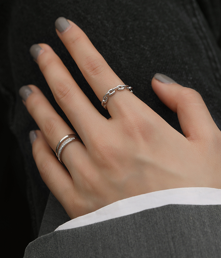 Double - layer zircon 925 pure silver ring girl light luxury in wind niche design chain open index ring adjustable