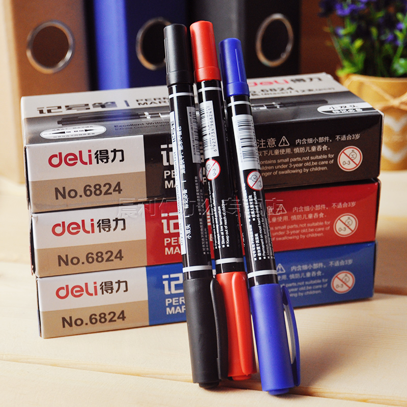 deli deli 6824 small double-headed marker pen Oily mike pen hook pen CD pen double-headed pen