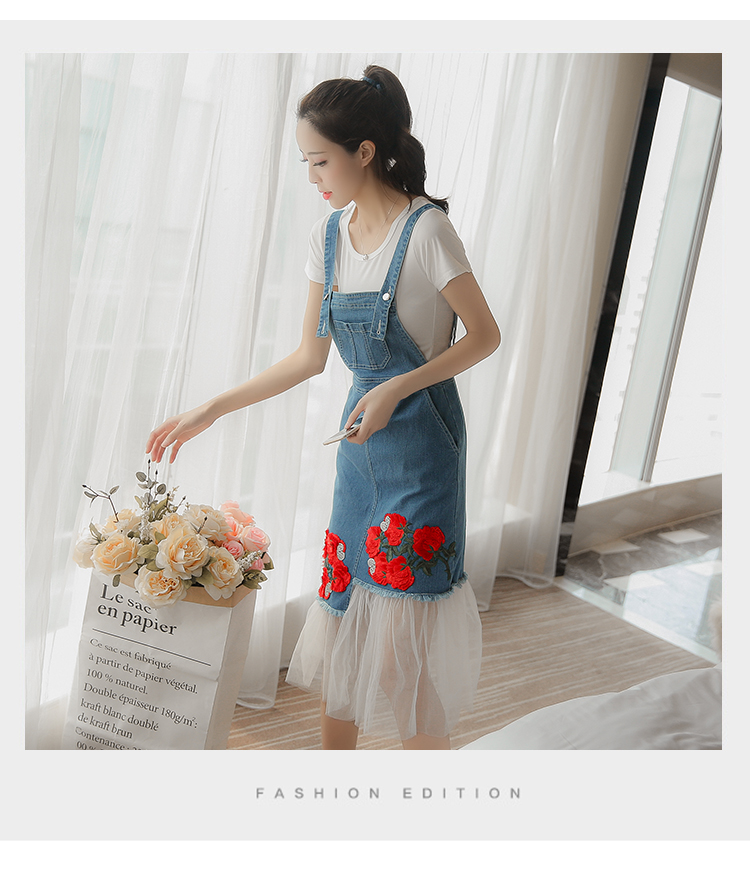 VK旗艦店 韓系玫瑰刺繡牛仔拼接網紗背帶長版無袖洋裝