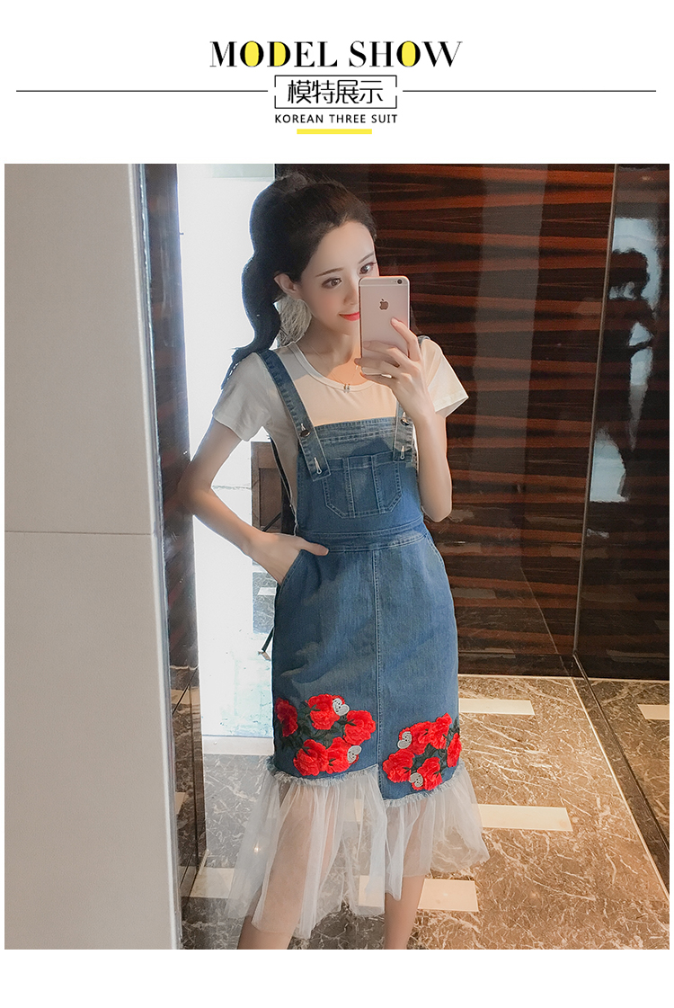 VK旗艦店 韓系玫瑰刺繡牛仔拼接網紗背帶長版無袖洋裝