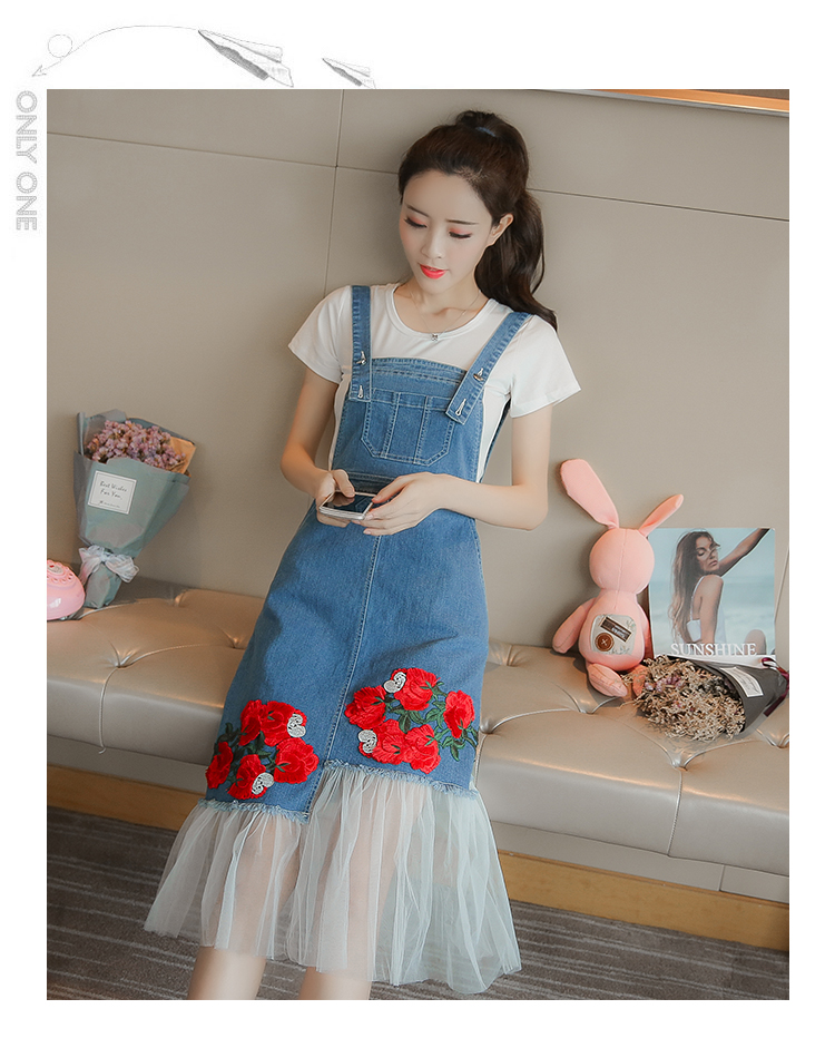 VK旗艦店 韓系玫瑰刺繡牛仔拼接網紗背帶長版無袖洋裝