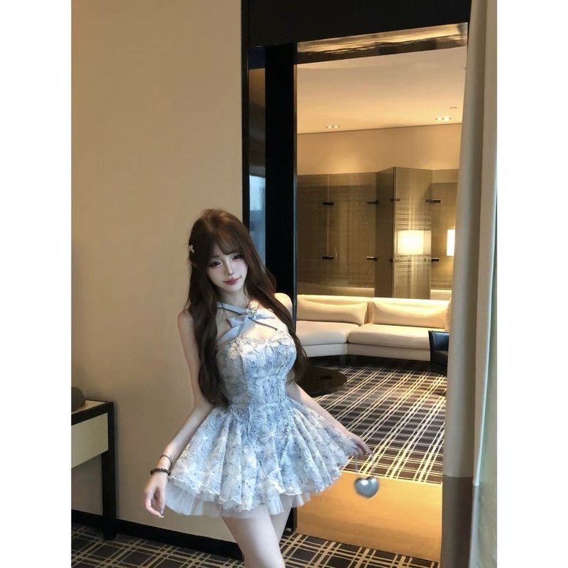Fuyu Mengsha French-Style Noble Blue Sequin Bow Mesh Lace Three-Dimensional Flower Dress Tutu Skirt