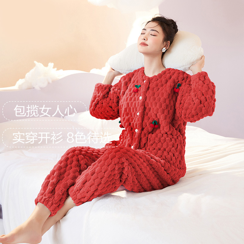 Youthful Winter Coral Fleece Pajamas for Women, Autumn and Winter Cute Cherry Cardigan, Fleece-Lined and Thickened Women's Loungewear Set