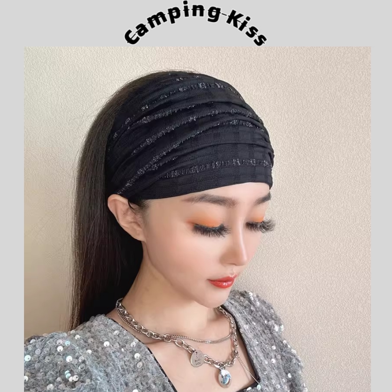 French Camping Kiss New Wide-Brimmed Headband Dark Black Hair Accessory Breathable Mesh Retro Head Covering for Women