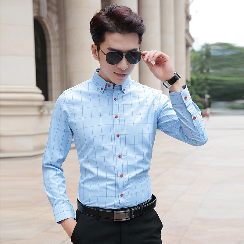 Plaid shirt men's long-sleeved slim Korean version of the men's shirt youth business casual inch shirt professional tooling village shirt men