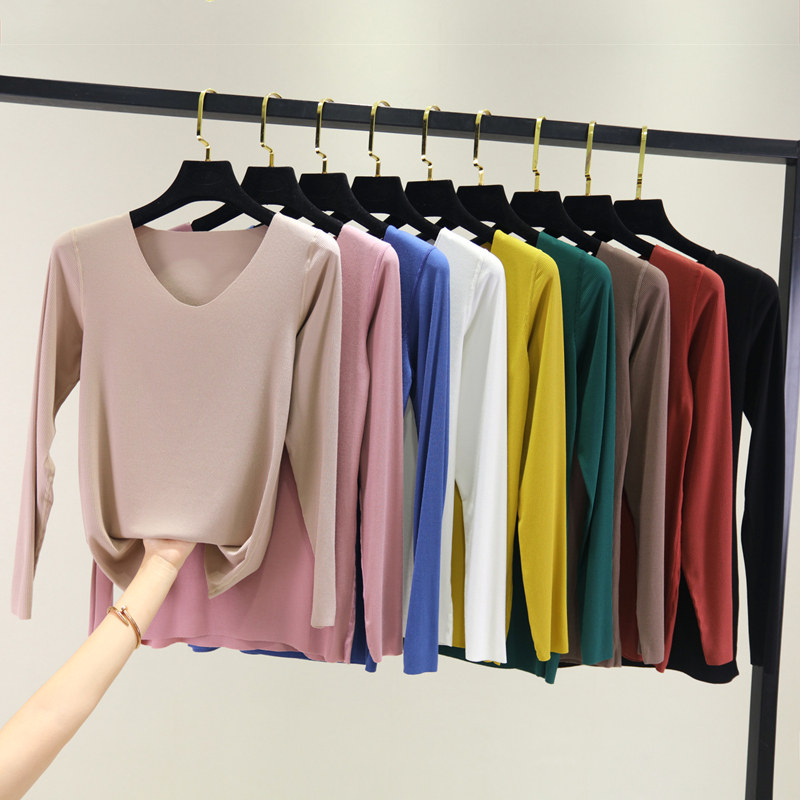Modale long sleeve T-shirt female autumn winter slim fit without scar V neckline with undershirt thin undershirt knitted blouse