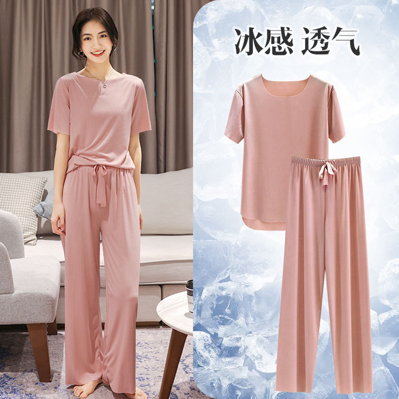 Ice Silk Seamless Short-Sleeved T-Shirt Casual Pants Home Wear Set for Women, Summer Thin Loose Pajamas That Can Be Worn Outside, Two-Piece Set