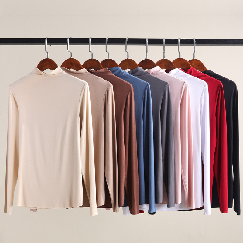 Spring and summer new Modale half high collar slim fit pure color long sleeve T-shirt woman slim fit 100 hitch undershirt