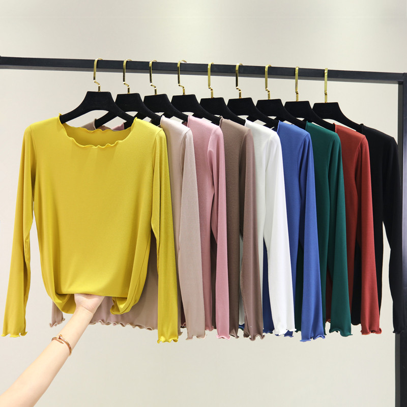 Solid color long sleeves round collar T-shirt women in the spring and autumn with Modal bottom shirt wood ear edge slim sweater thin blouse