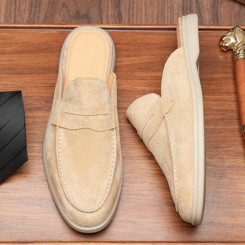 High-End Suede Old Money Style Loafers for Men, British Summer Breathable Half-Slip Shoes, Closed-Toe Slip-On Genuine Leather Mules