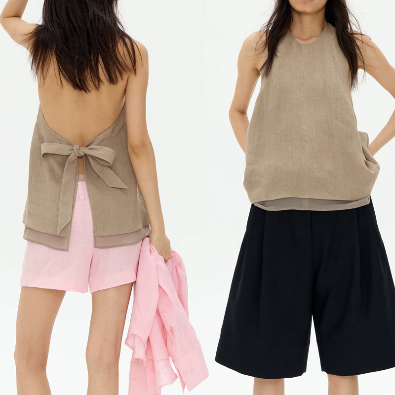 Double-Layered Linen Halter Neck Sleeveless Relaxed Fit Solid Color Loose Linen Top Tank Top