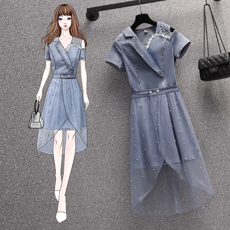 High-end large-size women's denim dress summer 2021 new fat MM thin foreign style design sense of two suits