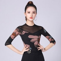 2021 New mid-sleeve mesh yarn Morden dance Latin dance Costume Blouse Women National Standard Dance Dress Morden Dance Dance Wear