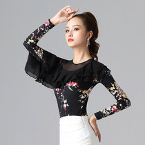 Dampao Conjoined Latin Dance Suit Long Sleeve Round Collar Morden Dance Blouse Dancing the Costume Lotus Leaf side dance dress