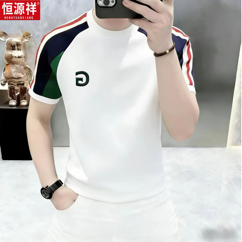Hengyuanxiang Men's Short-Sleeved T-Shirt Trendy Brand Pure Cotton Top Summer New Men's Clothing Light Luxury European Style Embroidered Round Neck T-Shirt