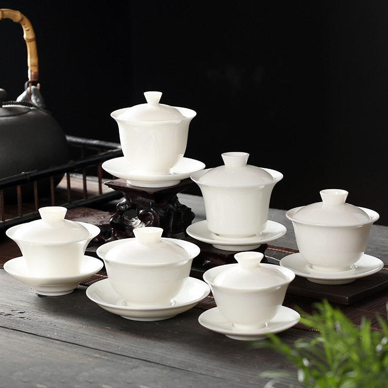 Dehua Pure White Porcelain Cover Bowl Goat Fat Jade Fu Tea Furniture Set Group Tea Bowl Large Small And Medium Size Ceramic Three-Only Bowl Custom
