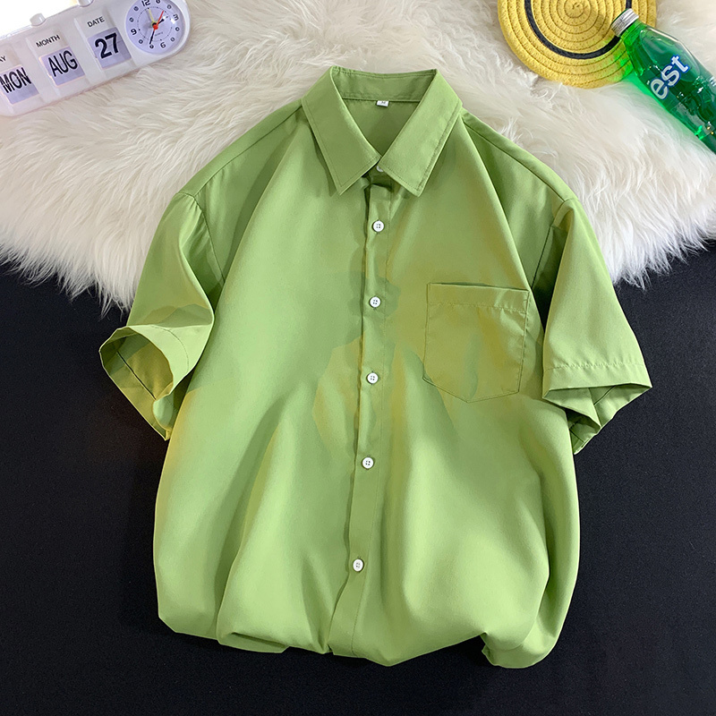 Avocado Green Short-Sleeved Shirt Men's Summer Trendy American Retro Ice Silk Shirt Japanese Style Couple Jacket Trendy Large Size Avocado Green Short-Sleeved Shirt Men's Summer Trendy American Retro Ice Silk Shirt Japanese Style Couple Jacket Trendy Large Size
