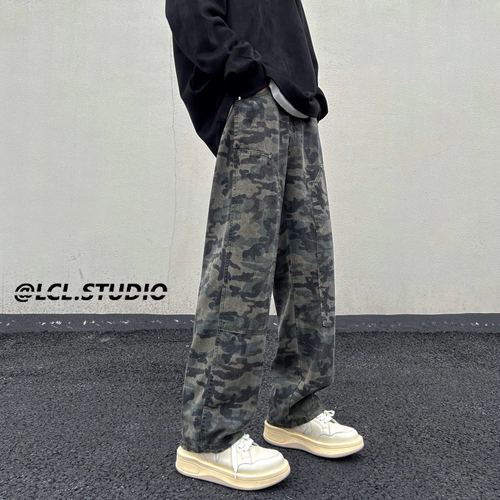 Камуфляжные штаны, свободный прямой крой, изысканный стиль, европейский стиль, большой размер