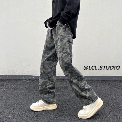 Камуфляжные штаны, свободный прямой крой, изысканный стиль, европейский стиль, большой размер