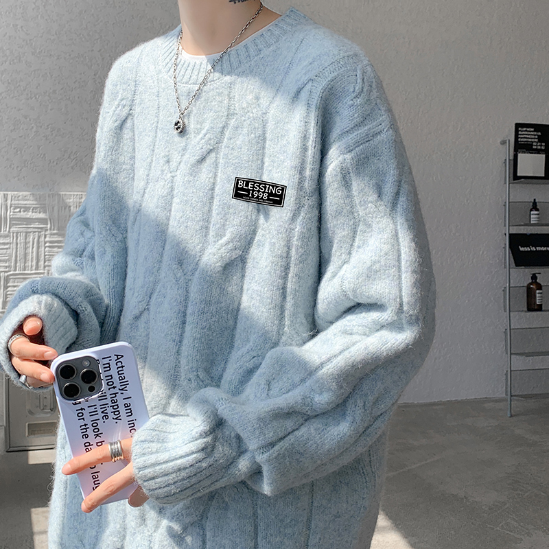 Light Blue Soft and Lazy Style Sweater for Men, Autumn and Winter, Large Size, Cable Knit, Heavy-Duty Youth Knitwear