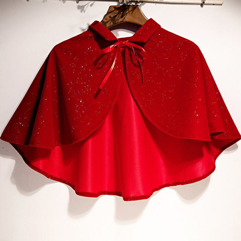 Red Vintage Hong Kong-Style Cape with Stand Collar and Cheongsam Matching Short Jacket for Women