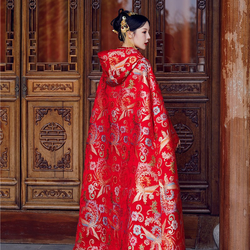 Authentic Original New Brocade Chinese Style Traditional Hanfu Wedding Dress Bride Wedding Cape Hooded Cloak Performance Costume