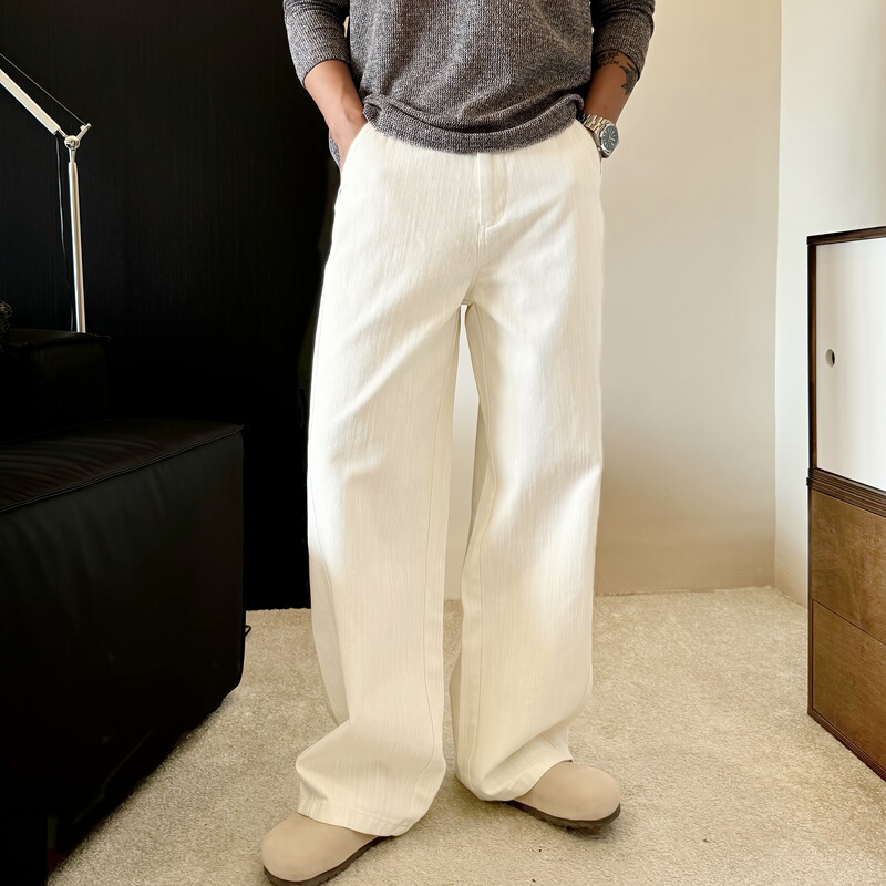 American-Style White Jeans with Slub Texture, Loose Straight-Leg, Drapey Wide-Leg White Pants for Men, High-End Casual Trousers