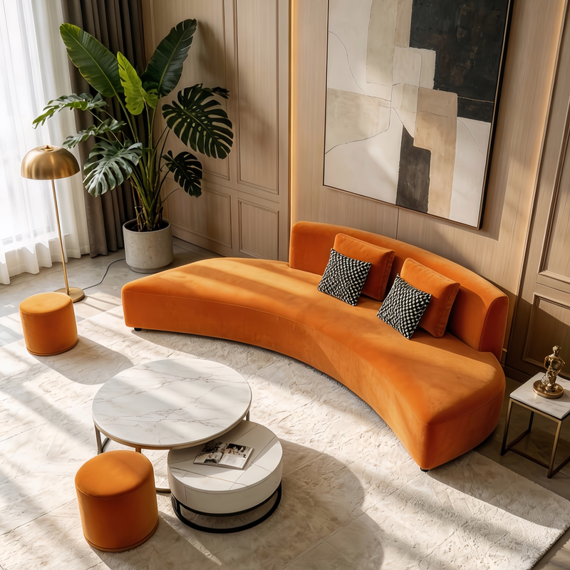 Italian-Style Minimalist Orange Fabric Sofa for Living Room, Beauty Salon Reception, Personalized Creative Curved Irregular Semi-Circular Chaise Lounge Italian-Style Minimalist Orange Fabric Sofa for Living Room, Beauty Salon Reception, Personalized Creative Curved Irregular Semi-Circular Chaise Lounge