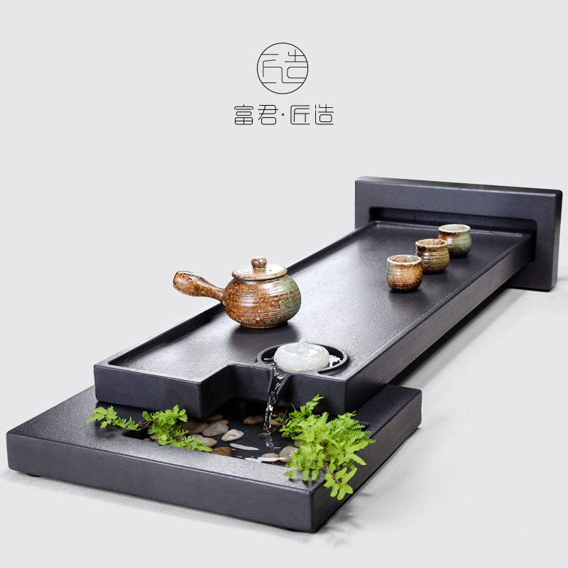 High-end black gold stone tea tray tea set home Zen tray flowing water natural stone tea table tea sea new Chinese style large size