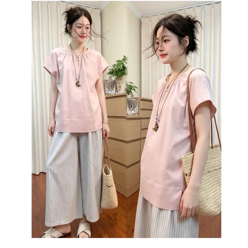 Pregnant Women 2026 New Style Shirt Women's Summer Thin Loose Slimming Round Neck Short-Sleeved Babydoll Shirt Age-Reducing Top with Waist Belt Pregnant Women 2026 New Style Shirt Women's Summer Thin Loose Slimming Round Neck Short-Sleeved Babydoll Shirt Age-Reducing Top with Waist Belt