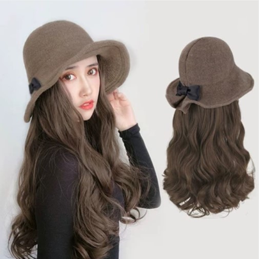 Net red wig hat with hair fisherman hat woman autumn and winter Korean version wave fashion 100 lap cute integrated hat hair
