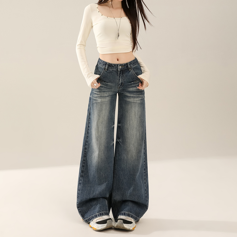 Vintage Washed Bamboo Texture Wide-Leg Jeans for Women, New Autumn Low-Rise Loose Fit Non-Tight Straight Pants with Drape Effect Vintage Washed Bamboo Texture Wide-Leg Jeans for Women, New Autumn Low-Rise Loose Fit Non-Tight Straight Pants with Drape Effect