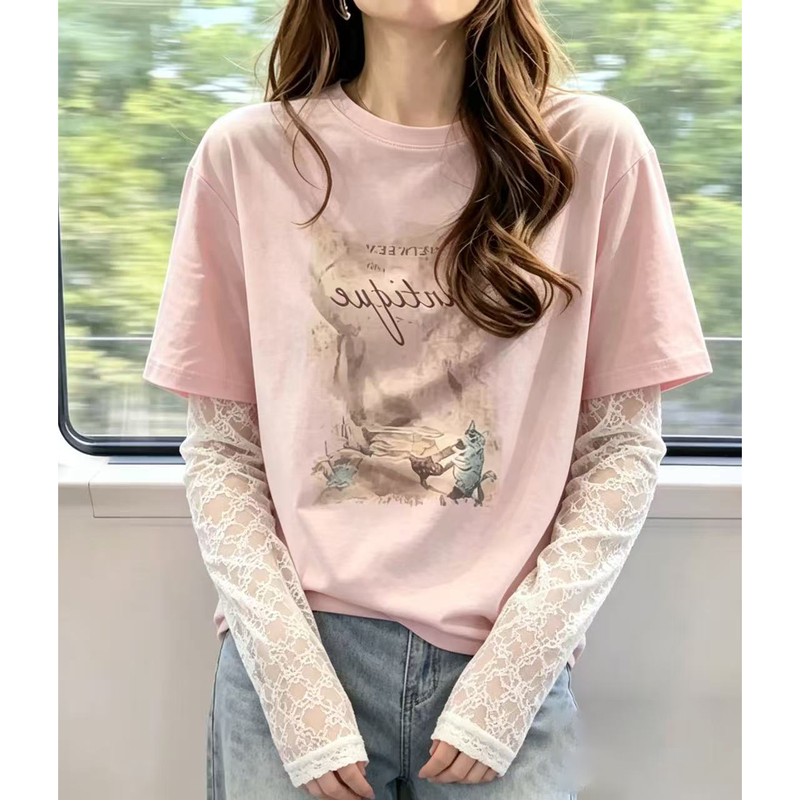 Early Spring Style Lace Patchwork Fake Two-Piece Letter-Printed Long-Sleeved T-Shirt for Women, Casual, Lazy Style, Loose and Slimming Top