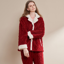 Pajamas for women in autumn and winter can wear cardigan plus size coral velvet suit plus velvet sweet flannel long sleeve home wear