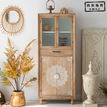 Retro American wine cabinet sideboard living room solid wood country house hotel carved decorative cabinet against the wall locker