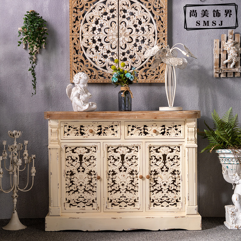 French solid wood retro porch cabinet carved wine cabinet living room storage decoration cabinet entry foyer cabinet homestay cash desk