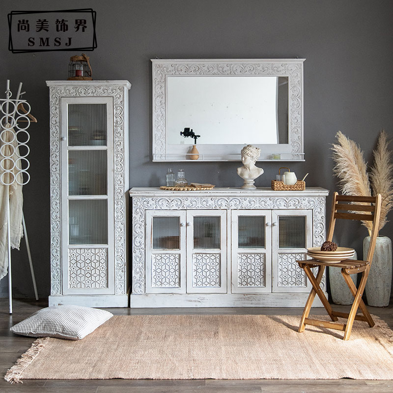 American Country Carved Entrance Cabinet Retro Solid Wood Dining Room Cabinet Living Room Bedroom Bed and Breakfast TV Cabinet Old Decoration Cabinet