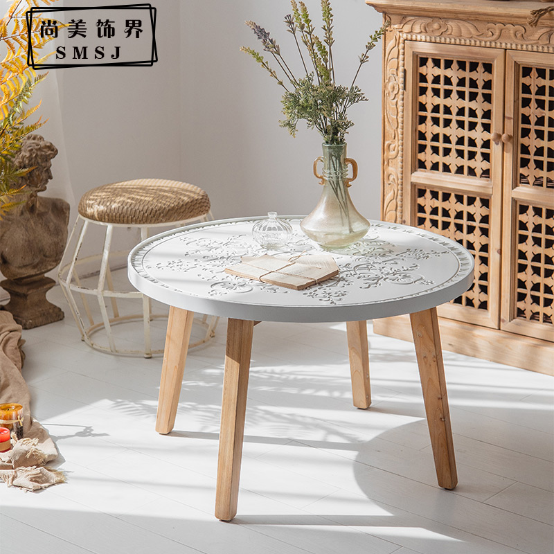 American retro round coffee table solid wood carved tempered glass coffee table side a few small apartment living room tea table round table