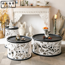 American retro entry solid wood homestay creative coffee table round carved hollow art living room sofa side table decoration