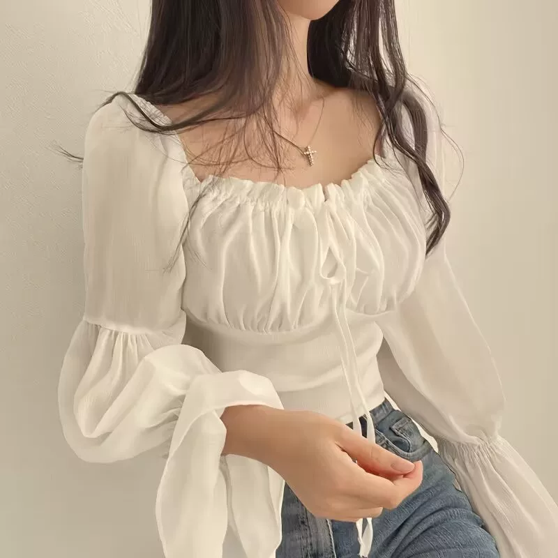 П Spring fitted brace, шифон мегагон, короткая рубашка, корейский стиль, французский стиль, квадратный вырез
