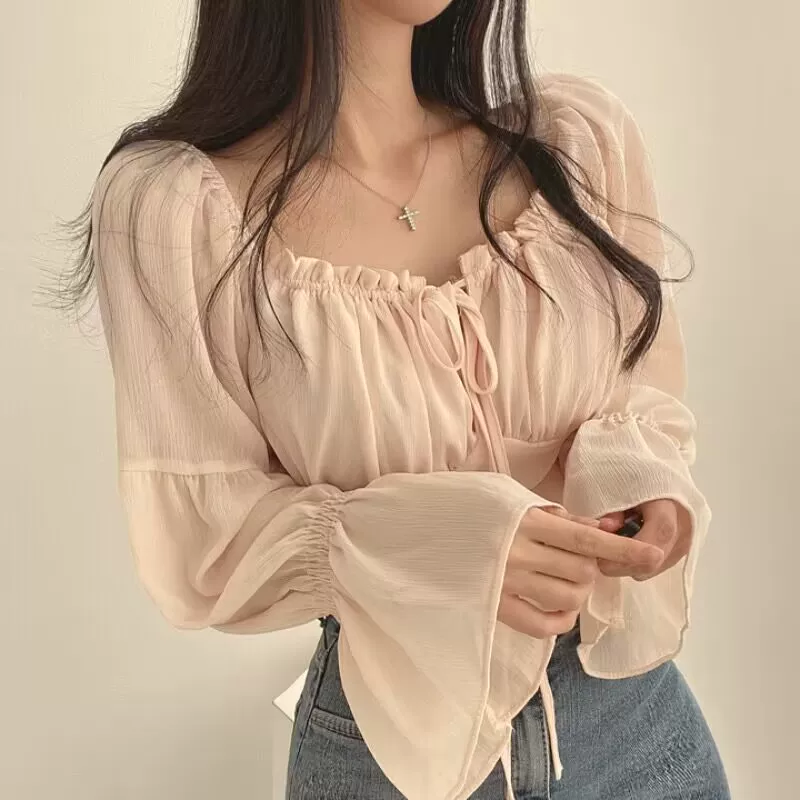 П Spring fitted brace, шифон мегагон, короткая рубашка, корейский стиль, французский стиль, квадратный вырез