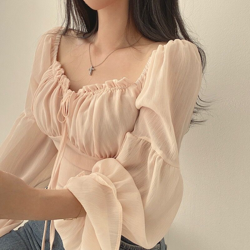Korean Chic Early Spring French Niche Ruffled Tie Square Neck Waist-Cinching Bell Sleeve Chiffon Blouse Short Shirt for Women