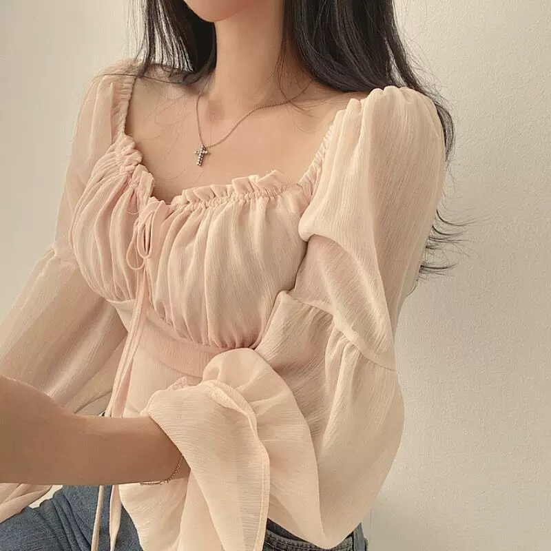 П Spring fitted brace, шифон мегагон, короткая рубашка, корейский стиль, французский стиль, квадратный вырез