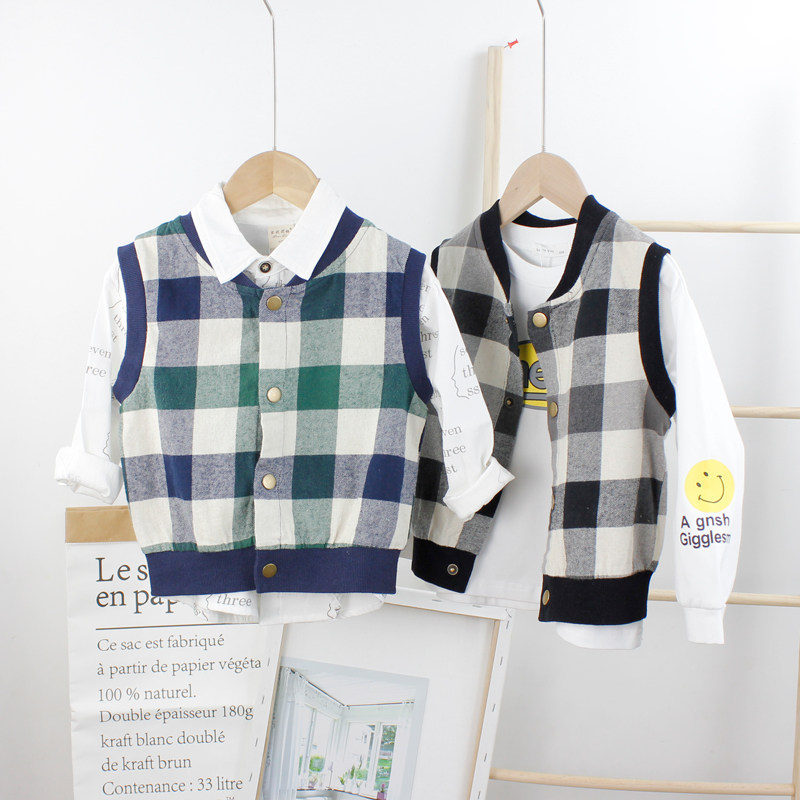 100 lap boy pure cotton plaid waistcoat 2022 spring autumn new men and women's vest art Fan Yang sends baby Khamshoulder