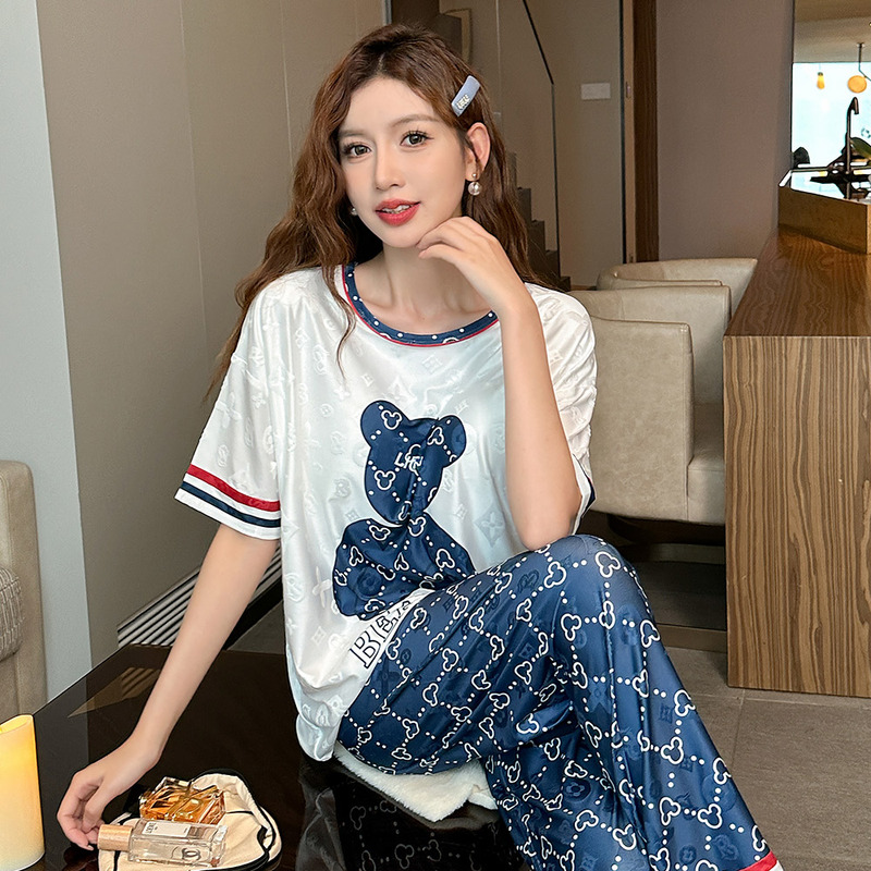 2025 New Jacquard Ice Silk Pajamas for Women, Summer Thin Short-Sleeved Loungewear Set, Can Be Worn Outside, Three-Piece Set with a High-End Feel